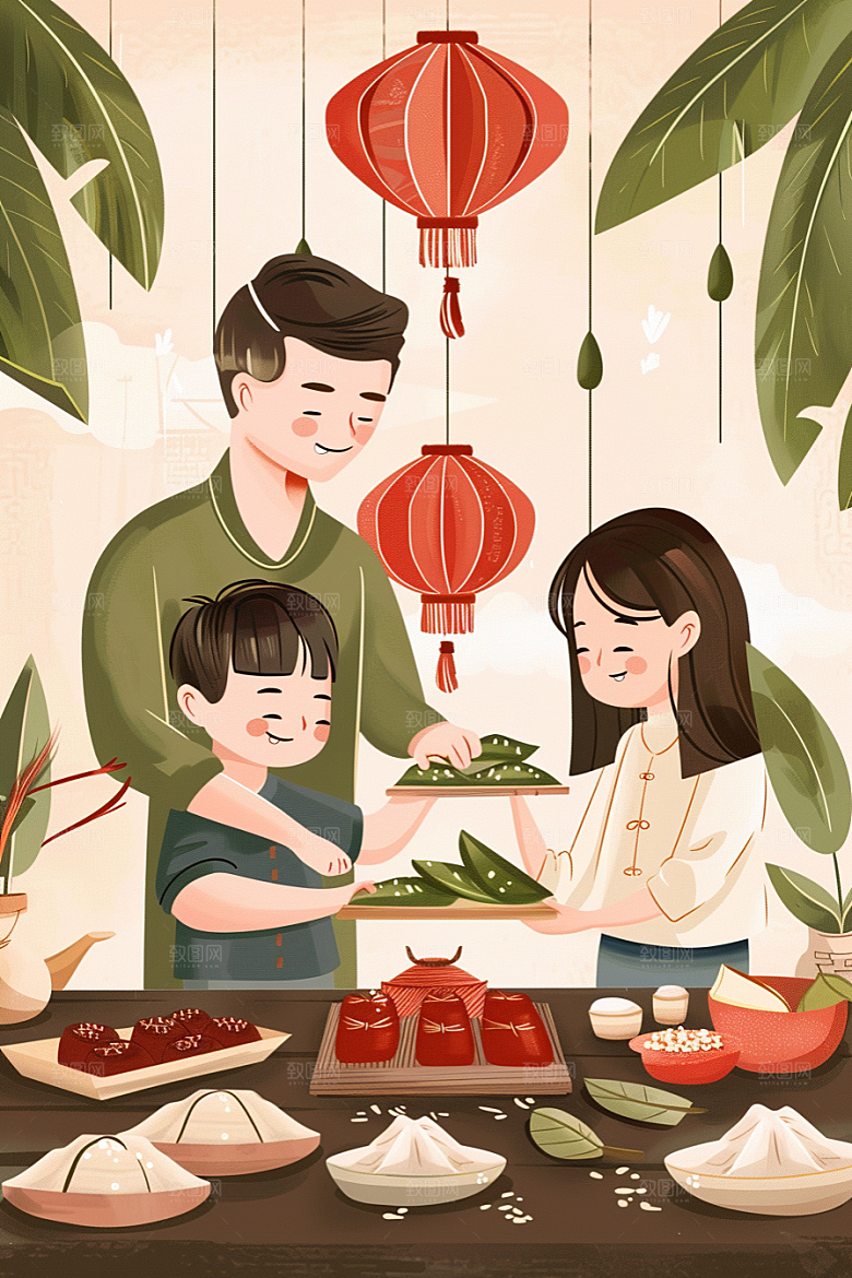 端午包粽子习俗美食插画
