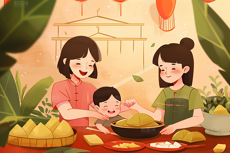 端午包粽子温馨节日氛围插画
