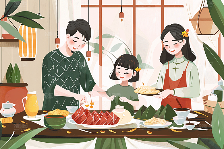 端午包粽子阖家团聚节日插画