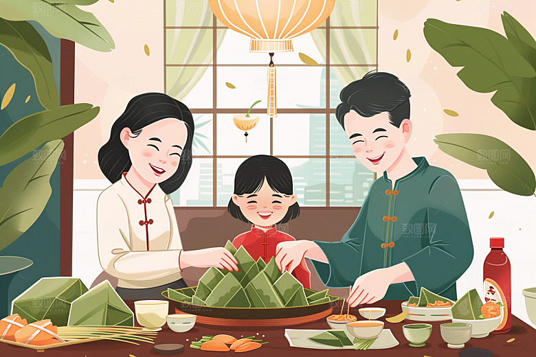端午包粽子糯米阖家团聚插画