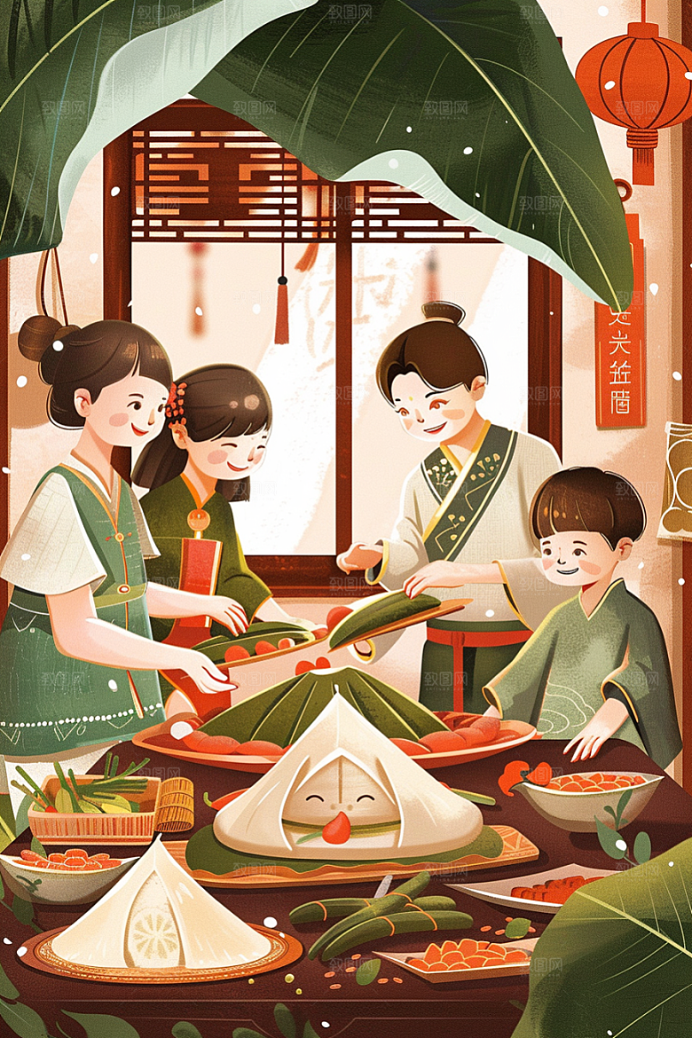 端午包粽子手绘美味插画