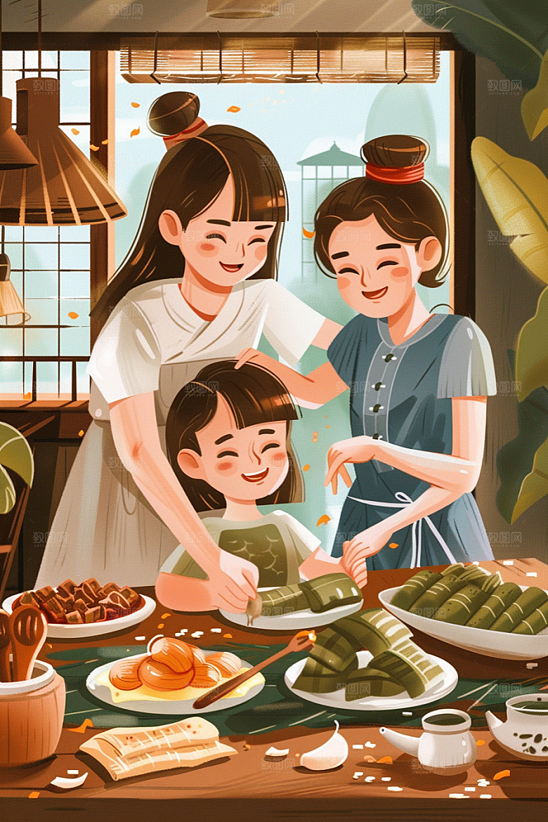 端午包粽子习俗端午节插画