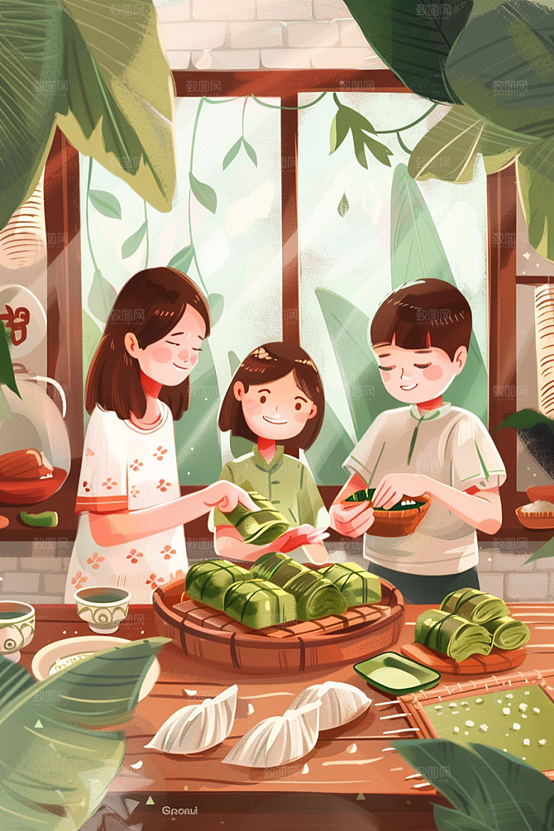 端午包粽子糯米节日氛围插画