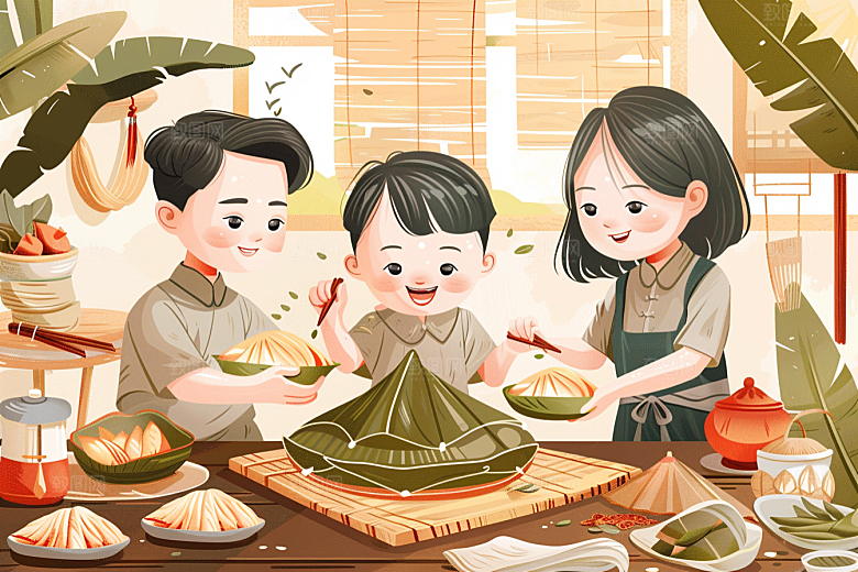端午包粽子美味温馨插画