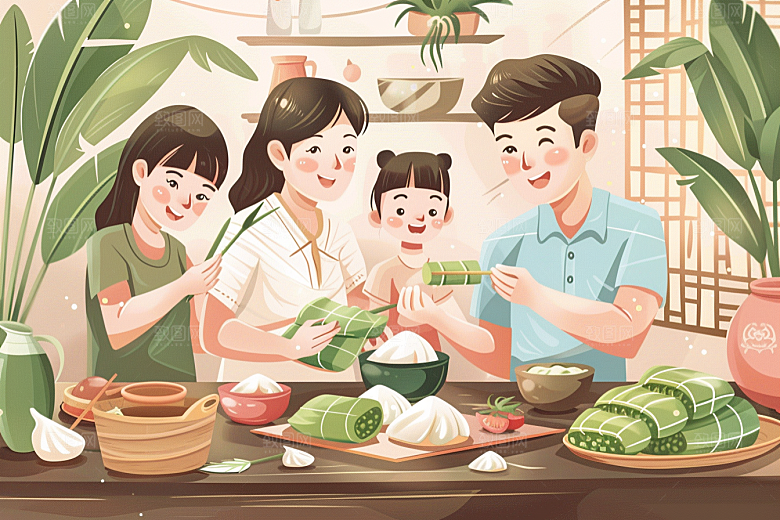 端午包粽子粽叶节日氛围插画