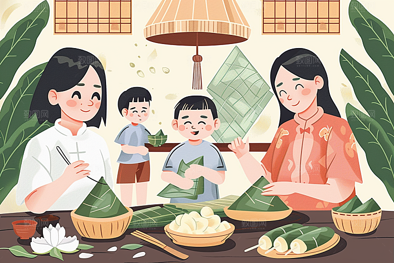端午包粽子小吃美味插画