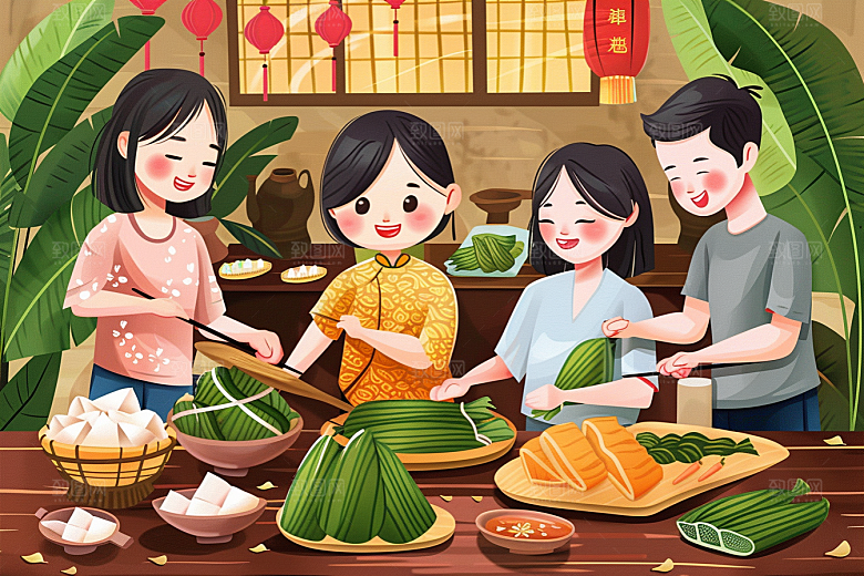 端午包粽子节日氛围手绘插画