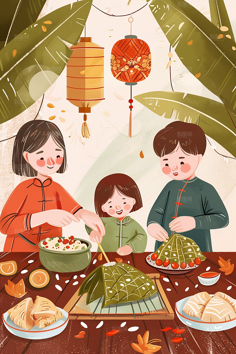 端午包粽子温馨美食插画