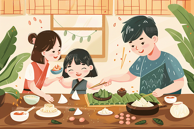 端午包粽子节日美味插画
