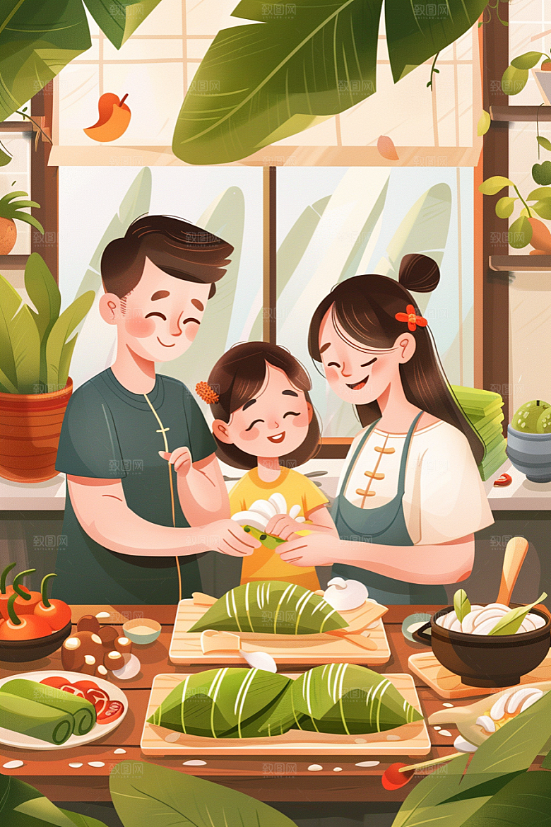 端午包粽子小吃传统文化插画