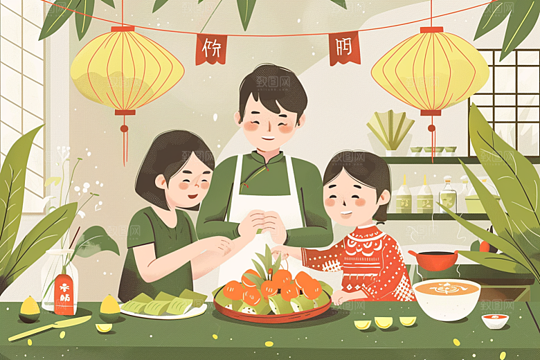 端午包粽子粽叶美食插画