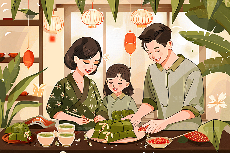 端午包粽子美食节日插画