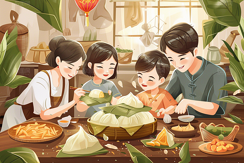端午包粽子温馨节日插画