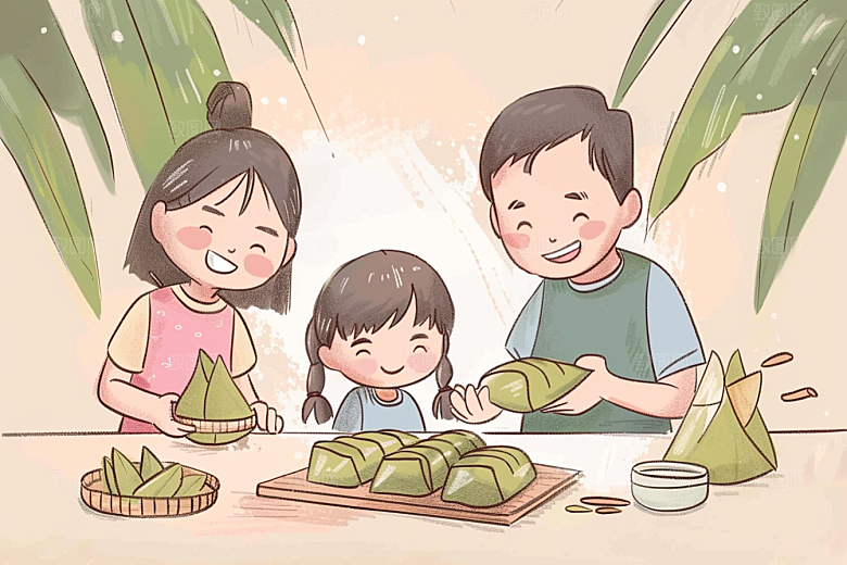 端午包粽子阖家团聚幸福插画