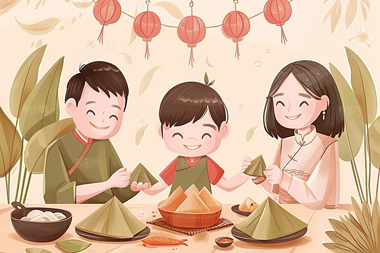 端午包粽子幸福端午节插画