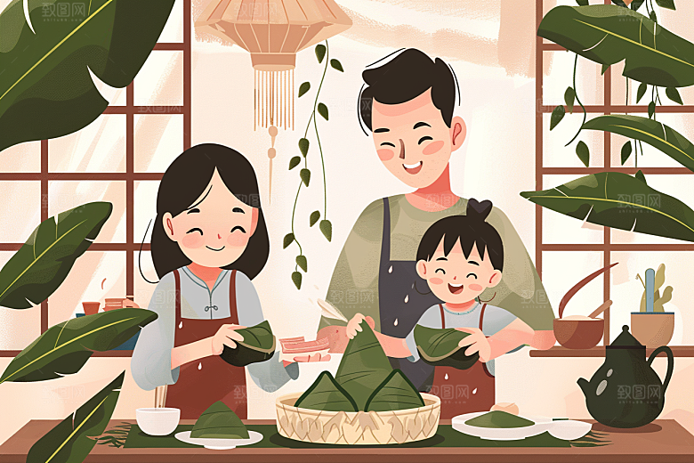 端午包粽子节日氛围幸福插画
