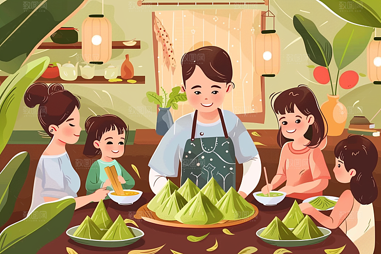 端午包粽子习俗幸福插画