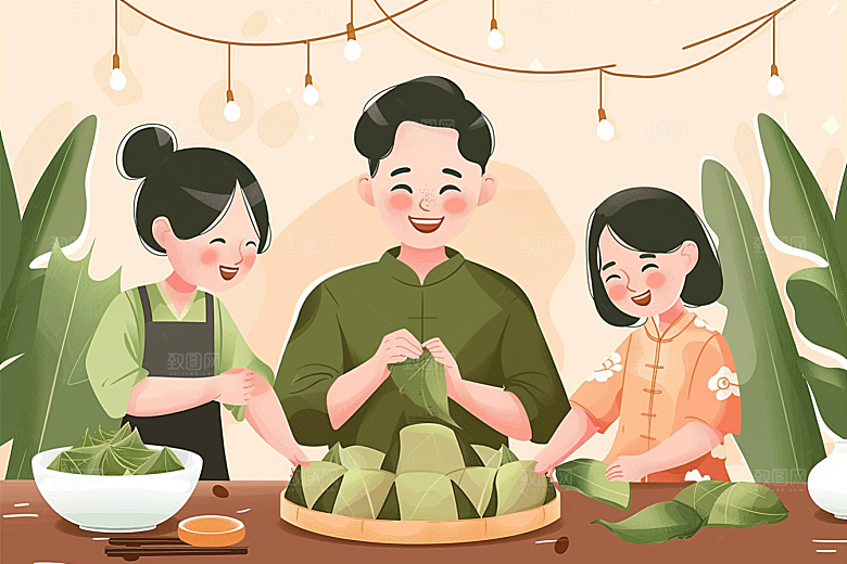 端午包粽子糯米美食插画