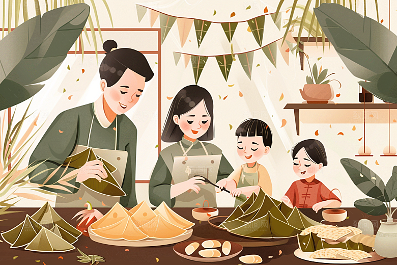 端午包粽子美味美食插画