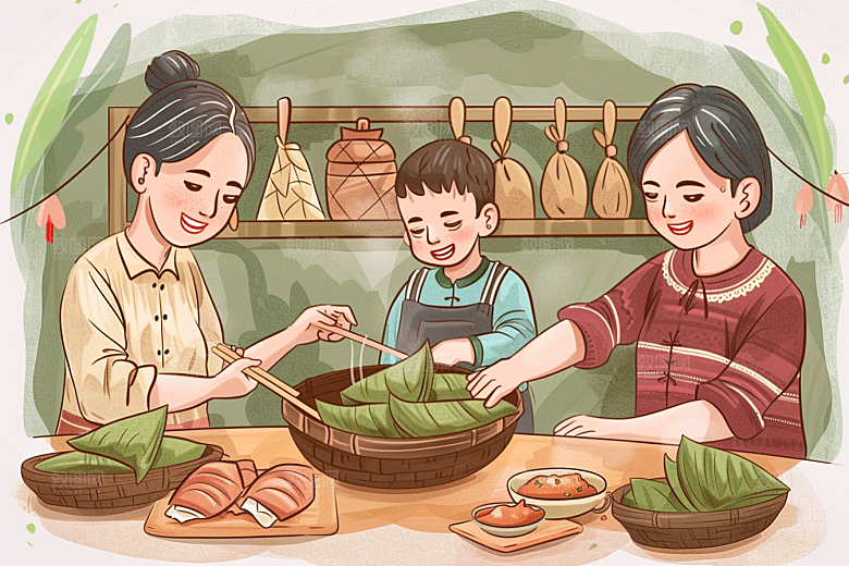 端午包粽子温馨美食插画