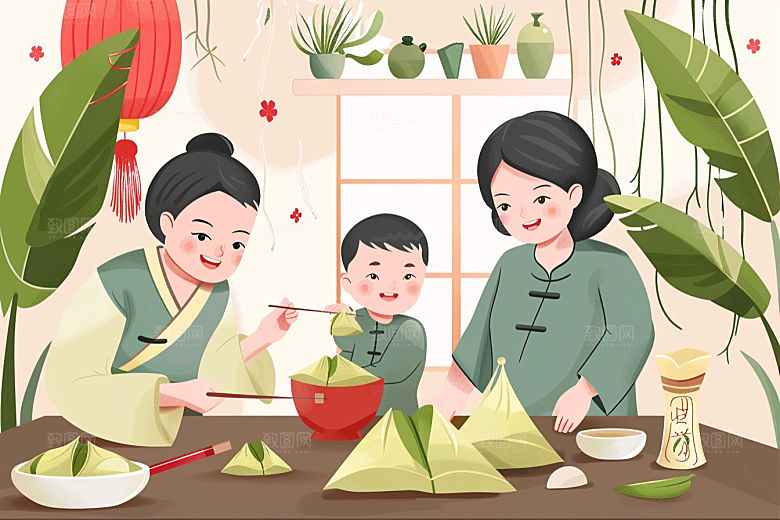 端午包粽子幸福手绘插画