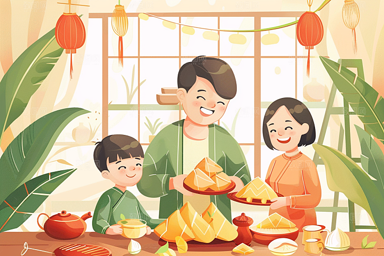 端午包粽子糯米阖家团聚插画
