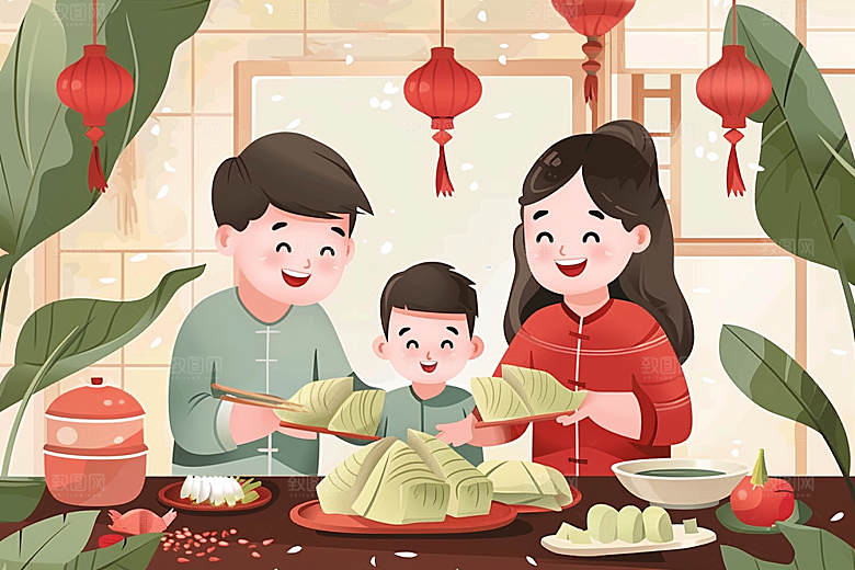 端午包粽子习俗阖家团聚插画