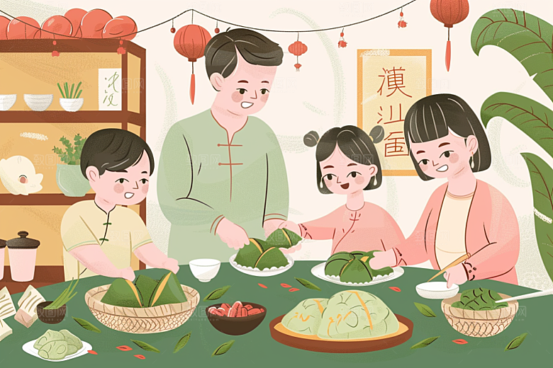 端午包粽子美食粽叶插画