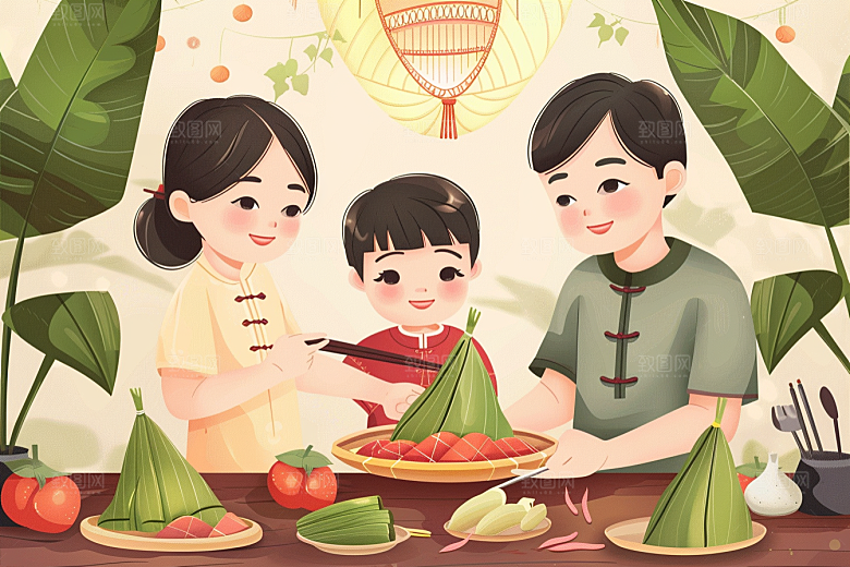 端午包粽子阖家团聚糯米插画