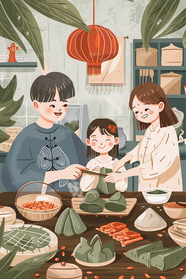 端午包粽子温馨节日氛围插画