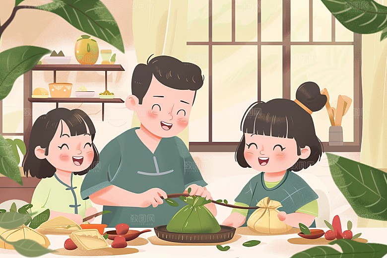 端午包粽子节日氛围手绘插画