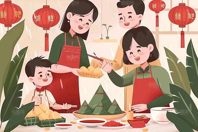 端午包粽子小吃手绘插画