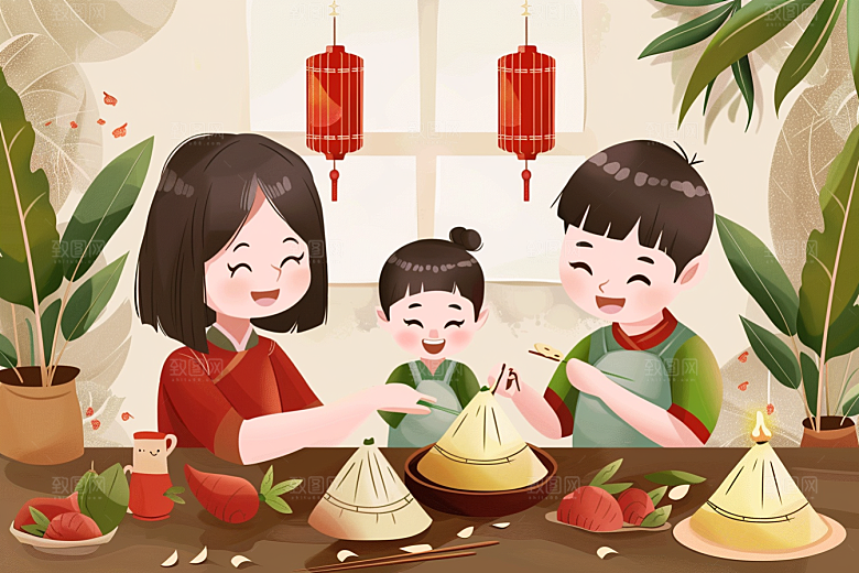 端午包粽子幸福小吃插画