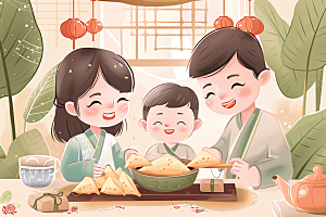 端午包粽子手绘美食插画