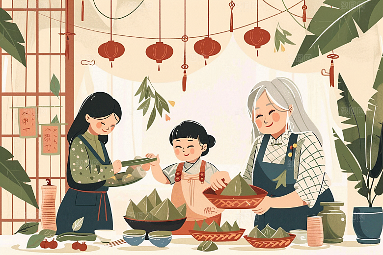 端午包粽子美味温馨插画