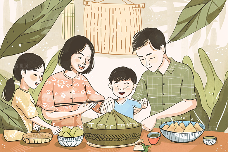 端午包粽子小吃习俗插画