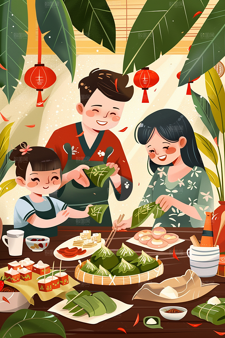 端午包粽子温馨阖家团聚插画