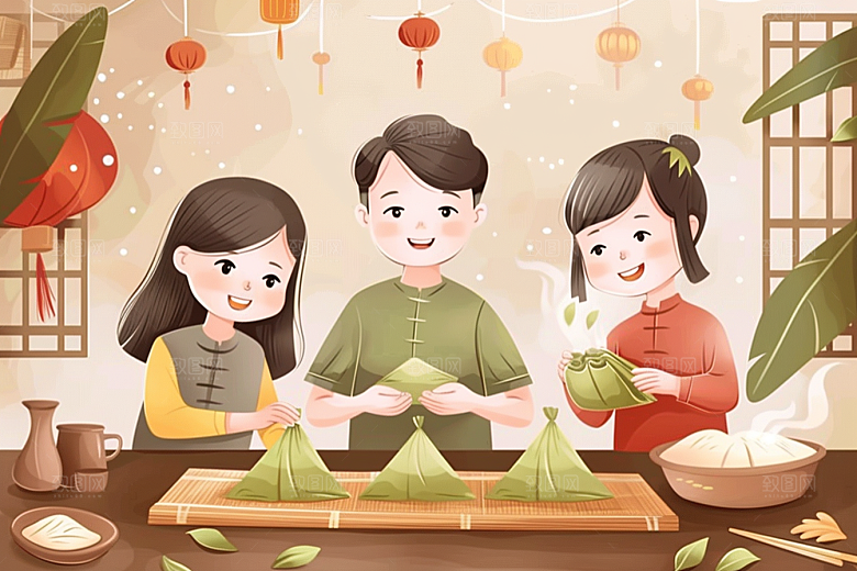 端午包粽子温馨美味插画
