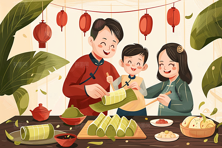 端午包粽子小吃节日插画