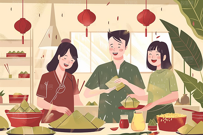 端午包粽子习俗端午节插画