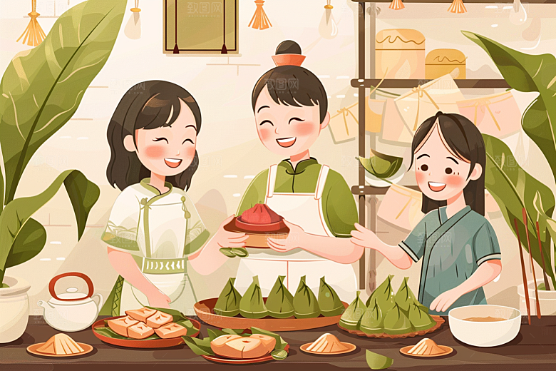 端午包粽子幸福习俗插画