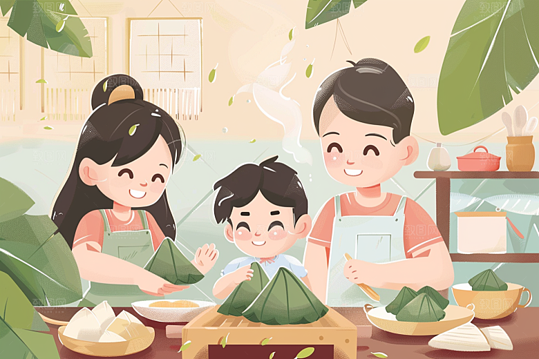 端午包粽子小吃习俗插画
