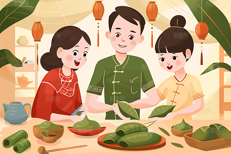 端午包粽子阖家团聚小吃插画