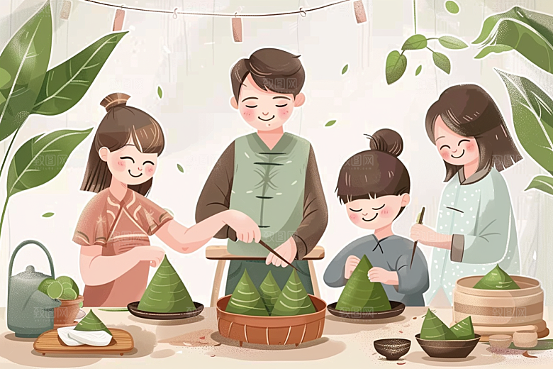 端午包粽子幸福美食插画
