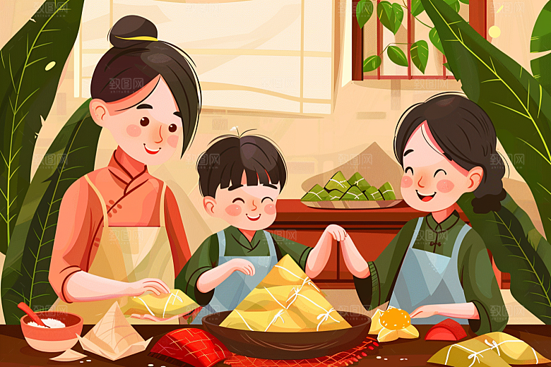 端午包粽子小吃习俗插画
