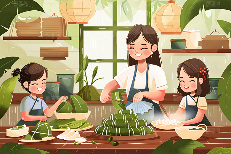 端午包粽子幸福节日氛围插画