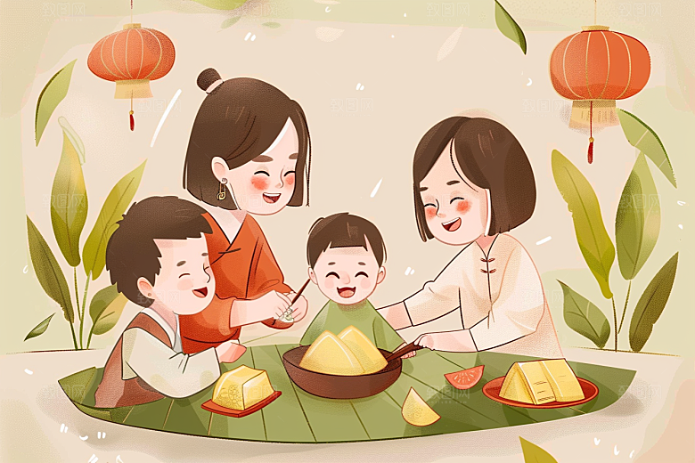 端午包粽子手绘节日氛围插画