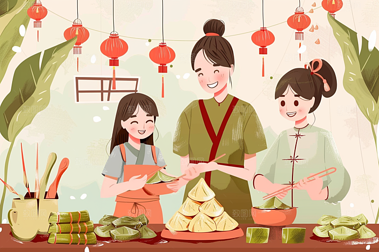 端午包粽子小吃幸福插画