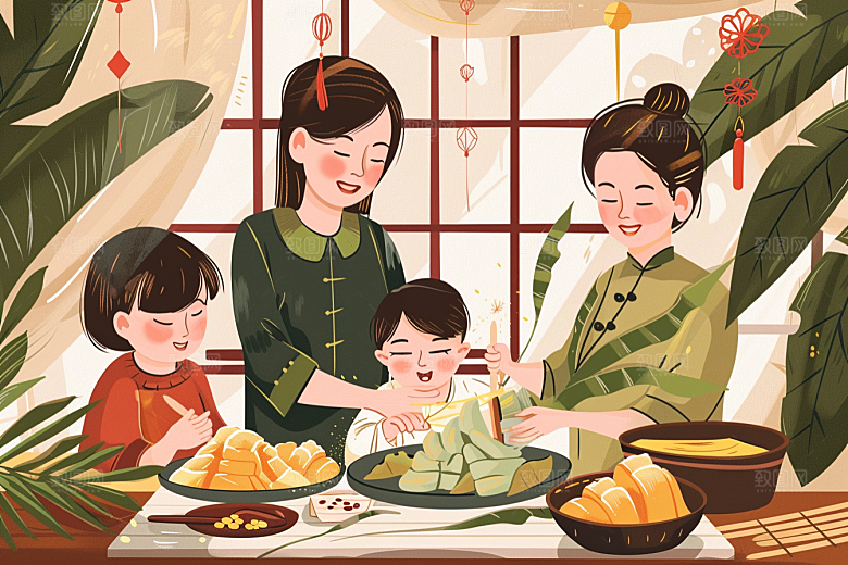 端午包粽子幸福美味插画