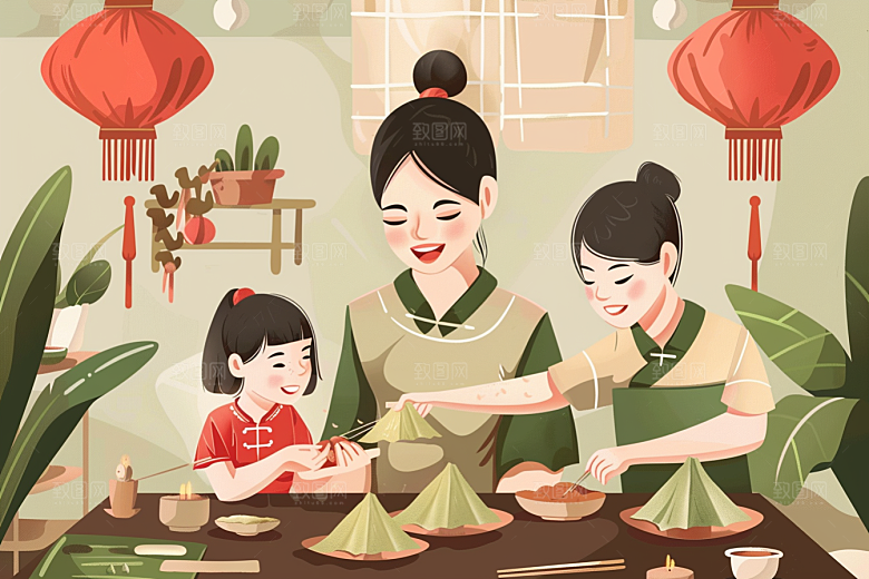 端午包粽子美食阖家团聚插画